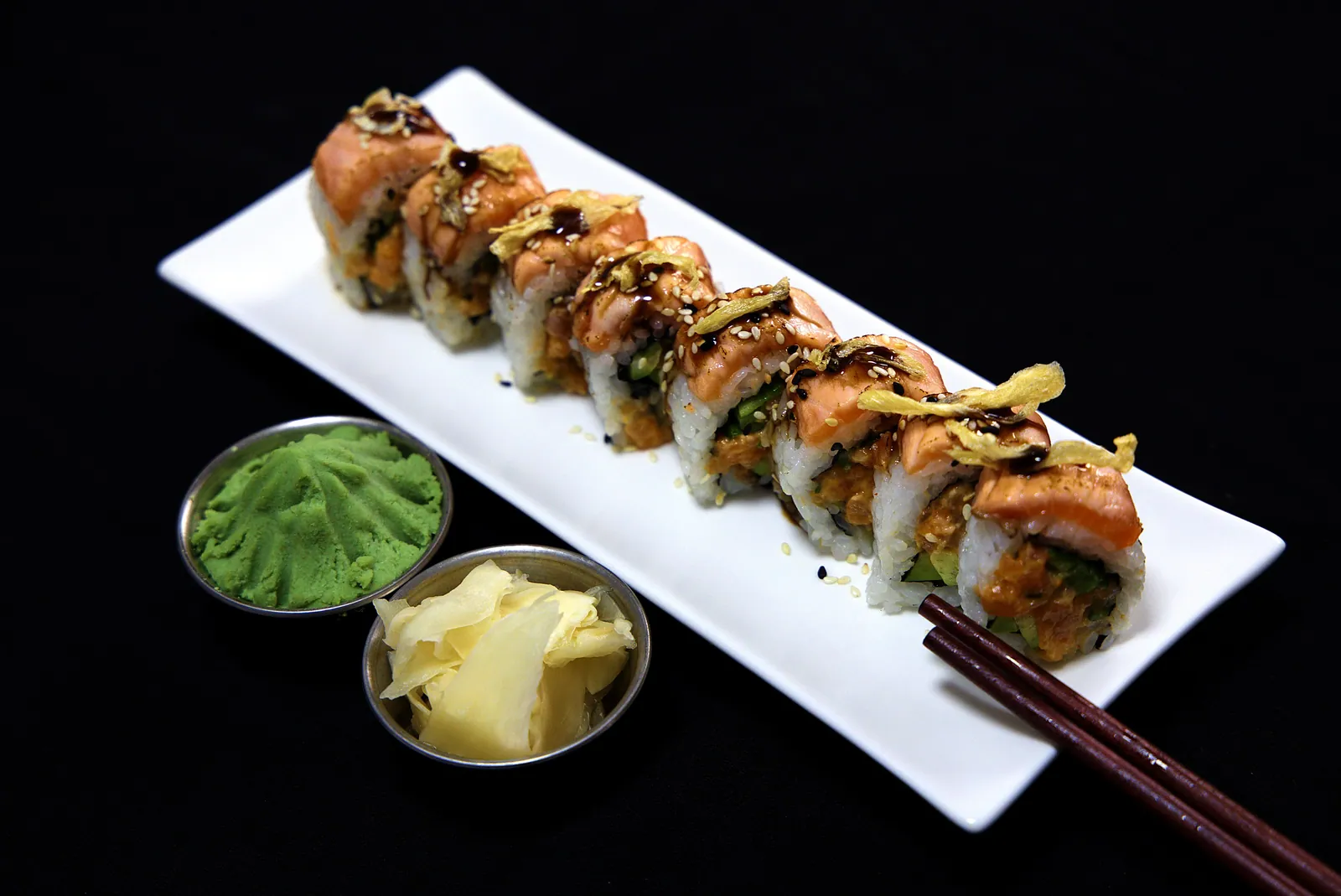 Crazy Salmon roll with teriyaki and crispy ginger